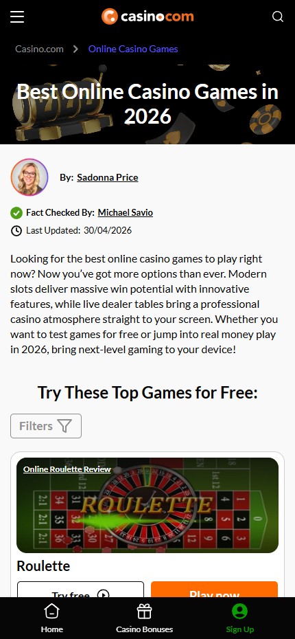 Casino.com mobile lobby